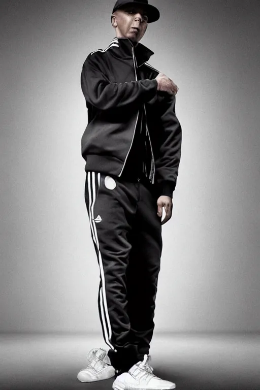 Image similar to full body photo. extreme long shot. man in black jacket and white!!! adidas!!! pants!!!. serious face. by Martin Schoeller