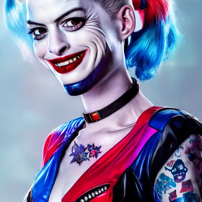 Image similar to portrait of Anne Hathaway as a harley quinn in Suicide Squad. HD,4K. intricate. intricate artwork. by Tooth Wu, wlop, beeple, dan mumford. octane render, trending on artstation, greg rutkowski very coherent symmetrical artwork. cinematic, hyper realism, high detail, octane render, 8k, iridescent accents