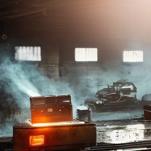 Image similar to toaster ovens on conveyor belt, dark messy smoke - filled cluttered workshop, dark, dramatic lighting, orange tint, sparks, cinematic, highly detailed, sci - fi, futuristic, movie still