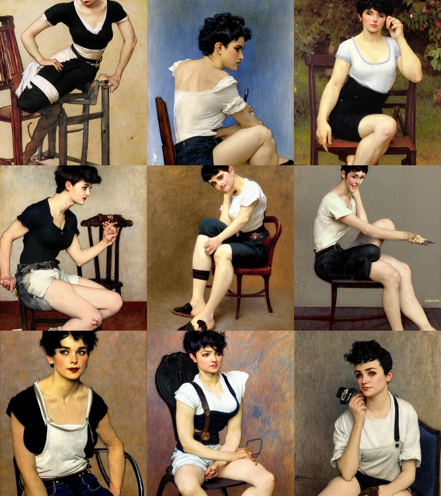 Prompt: a woman with black hair pixie haircut in shorts with suspenders and white t-shirt sitting on a chair drawn by frank frazetta, Alexandre Cabanel, norman rockwell, peter paul rubens, maler collier, alphonso azpiri, alphonse mucha, gustav klimt 4k, unreal 5, DAZ, french noveau, trending on artstation, octane render, hyperrealistic