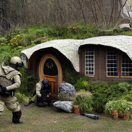 Prompt: swat raid on a hobbit house