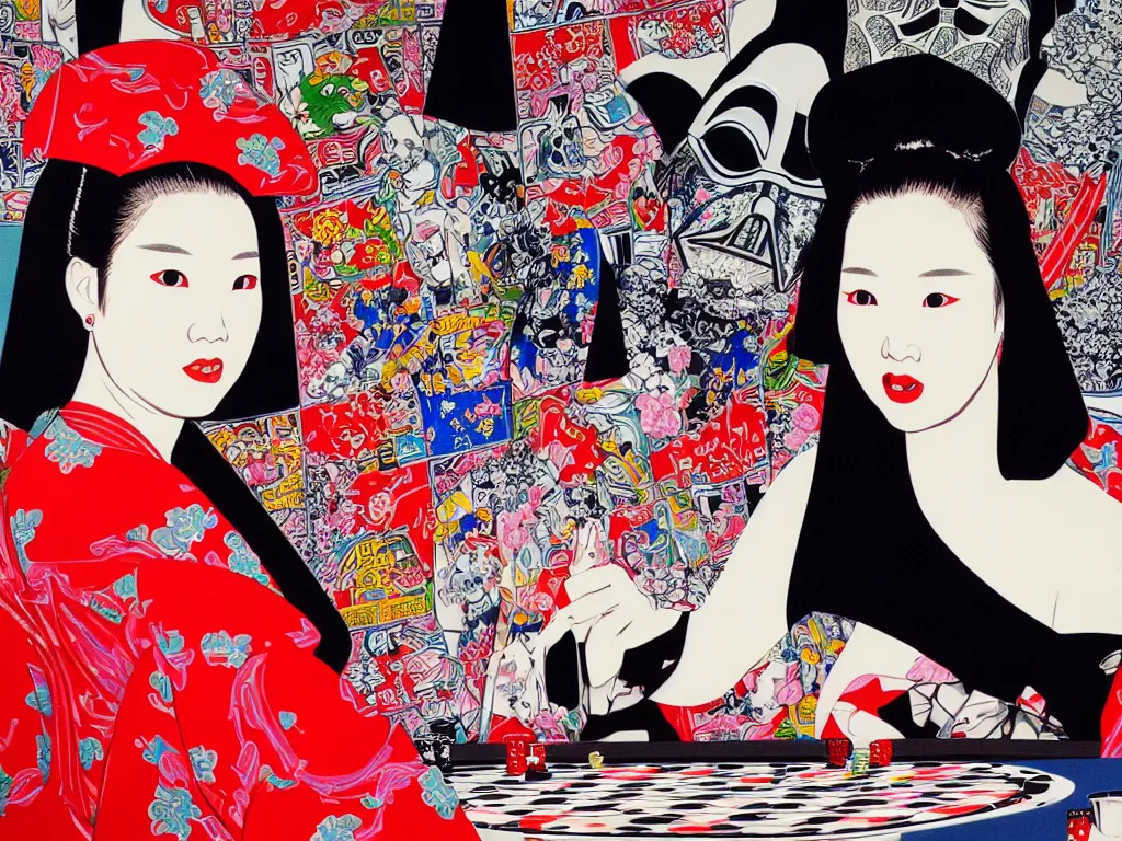 Image similar to hyperrealism composition of the detailed woman in a japanese kimono sitting at an extremely detailed poker table with darth vader, fireworks and folding screen on the background, pop - art style, jacky tsai style, andy warhol style, acrylic on canvas