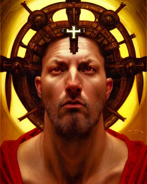 Image similar to realistic portrait of a nasty bishop, inverted cross, evil, heroic pose, beautiful face, bible, full body, dramatic lighting, intricate, wild, highly detailed, digital painting, artstation, concept art, smooth, sharp focus, illustration, art by artgerm and greg rutkowski and alphonse mucha, footage from space camera