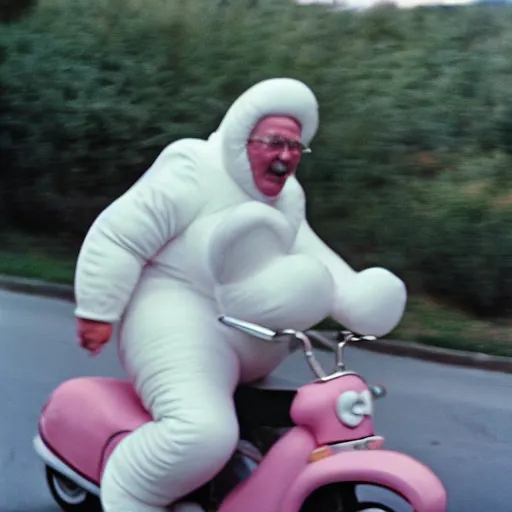 Image similar to a martin parr photo of a grandpa couple, wearing michelin man white body costumes, going super fast on a pink pig, 1 9 7 0 s kodachrome colour photo, flash on camera, w 1 0 2 4