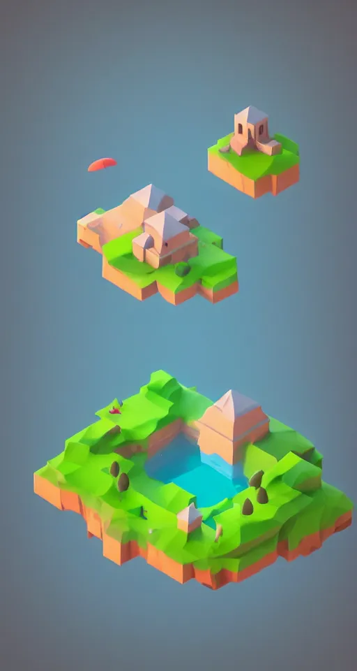 Prompt: a cute little matte low poly isometric mushroom island, lat lighting, trending on artstation, 3d render, monument valley, fez video game,