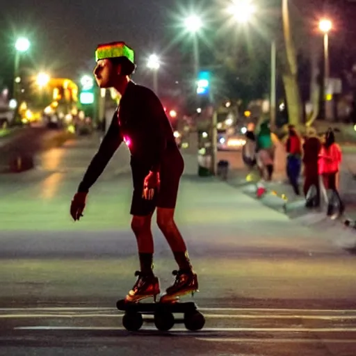 Image similar to a moai roller skating on the street, set at night