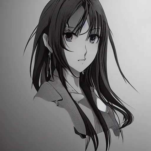 Image similar to bust portrait of a pretty young anime woman, drawn by WLOP, black and white anime manga panel, trending on artstation