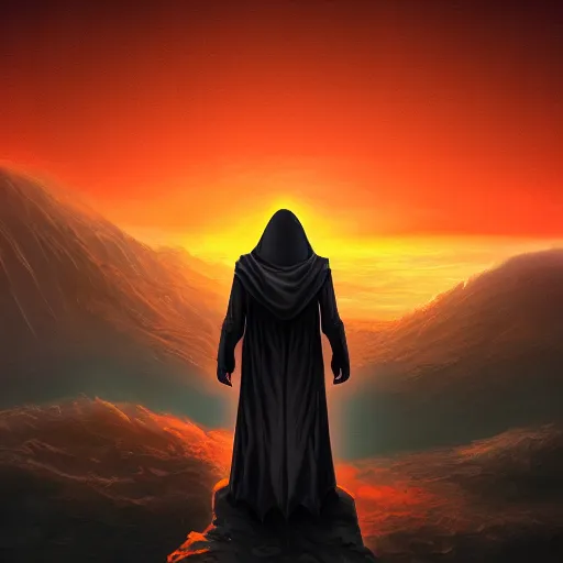 Prompt: hooded figure standing at the edge of reality gazing into the unknown, sunset on distant planet, detailed digital painting, smooth, sharp focus, artstation, artgerm, 4 k ultra hd, fantasy dark art