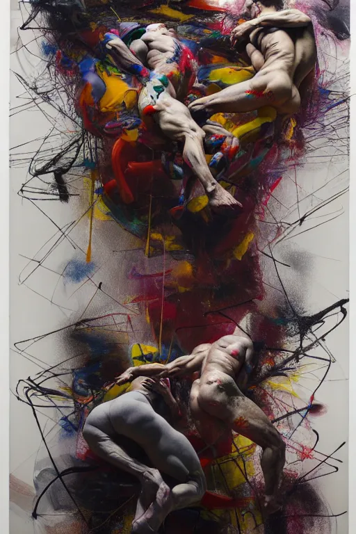 Image similar to muscular men entwined together, floating in space, zero gravity, inside a brutalist space ship, gothic, rich deep colours, painted by francis bacon, adrian ghenie, james jean and petra cortright, part by gerhard richter, part by jenny saville, part by takato yamamoto. 8 k masterpiece