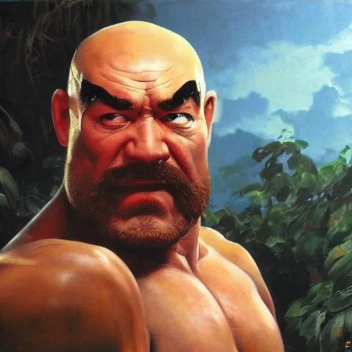 Image similar to ultra realistic david koechner as sagat from street fighter, painting by frank frazetta, 4 k, ultra realistic, highly detailed,