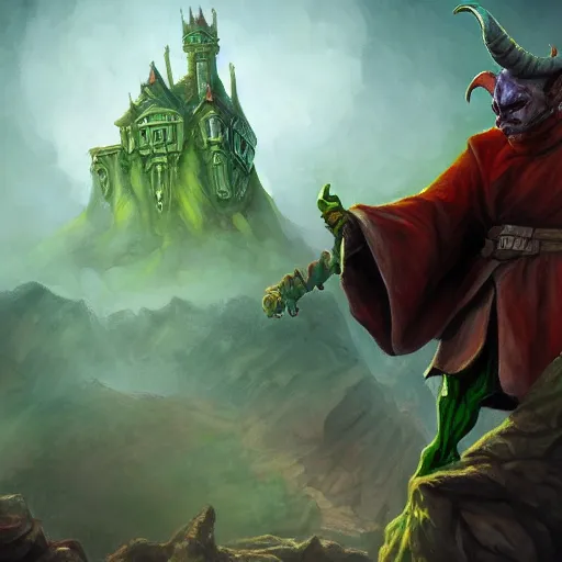 Image similar to goblin wizard, oil painting, dramatic, robed warrior, green orc with horns, castle in background, stone brick background, ultra realistic, artstation award, fantasy, concept art, powerful pose