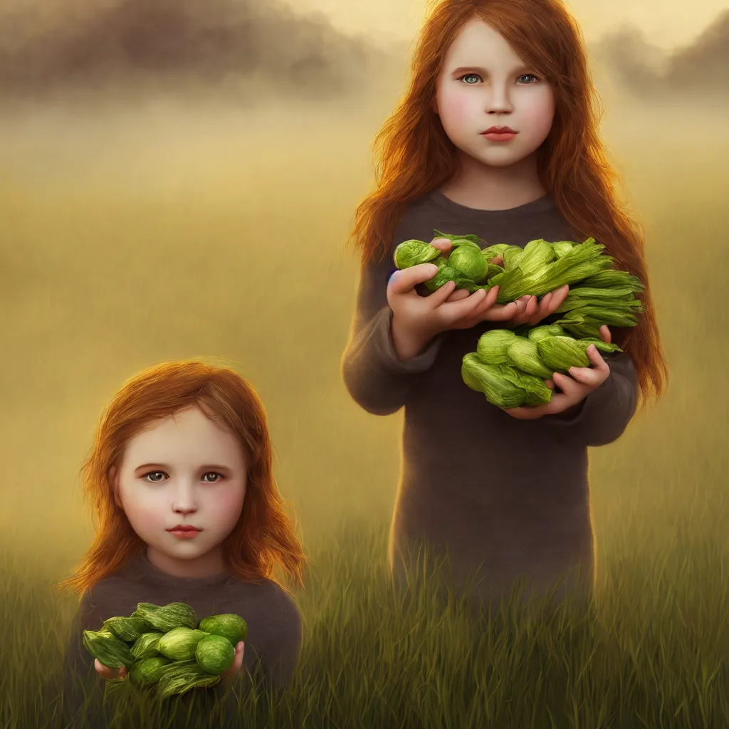 Image similar to Beautiful aesthetically pleasing single female child portrait, centered portrait, Confident holding vegetables, lush farm lands, fog, volumetric lighting beautiful, golden hour, sharp focus, ultra detailed, conceptartworld, comic art