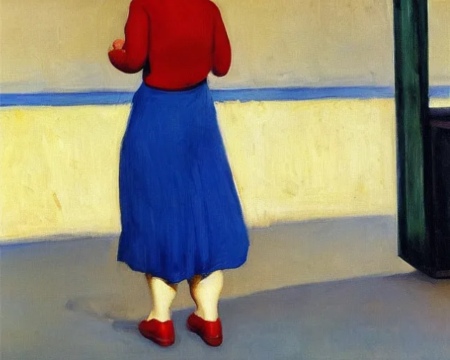 Prompt: blond woman with red and blue shoes in israel, salsa vendor, oil on canvas by edward hopper