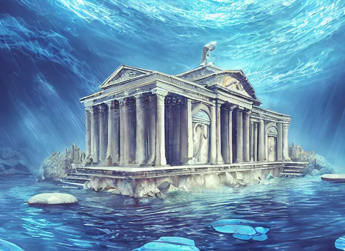 Prompt: underwater temple, water, ocean, sea, fish, palladian, illustration, concept art, digital art, colorful, light blue