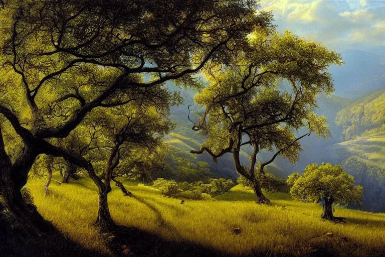 Prompt: masterpiece painting of oak trees on a hillside overlooking a creek, dramatic lighting, by james c. christensen