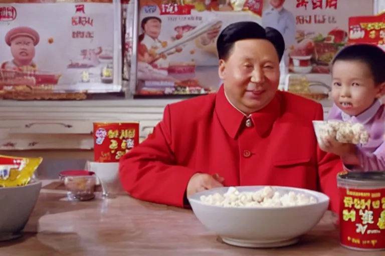 Prompt: chairman mao red sugar stars kid's cereal commercial