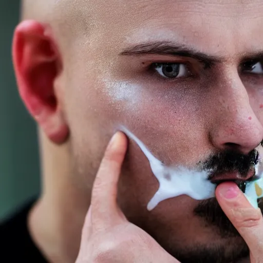 Image similar to close up photo of a fully clothed bald crimean man with yoghurt dripping from his face