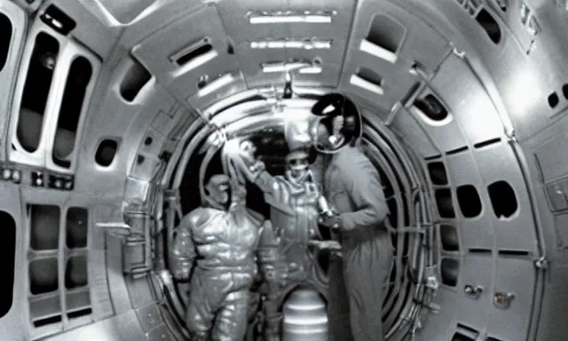 Image similar to Science fiction movie, inside the spaceship's reactor room, the captain punches the alien.