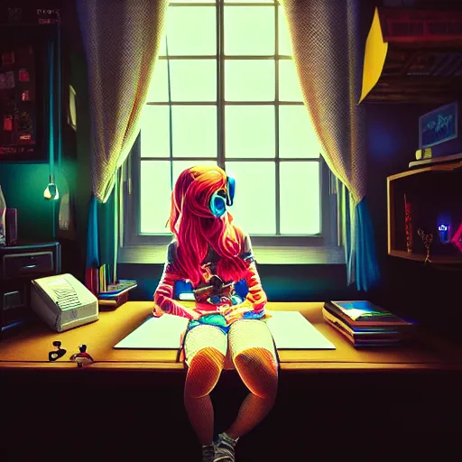 Image similar to prompt : gamer girl, bedroom desk, site - specific art, moody lighting, volumetric light, ray tracing global illumination, insanely detailed and intricate, hypermaximalist, elegant, ornate, hyper realistic, super detailed, artstation, by yaoy kusama