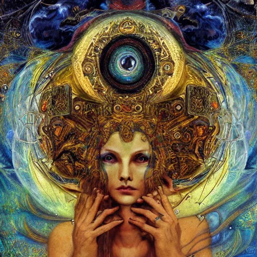 Image similar to Divine Chaos Engine by Karol Bak, Jean Deville, Gustav Klimt, and Vincent Van Gogh, beautiful visionary mystical portrait, sacred, otherworldly, fractal structures, ornate gilded medieval icon, third eye, spirals