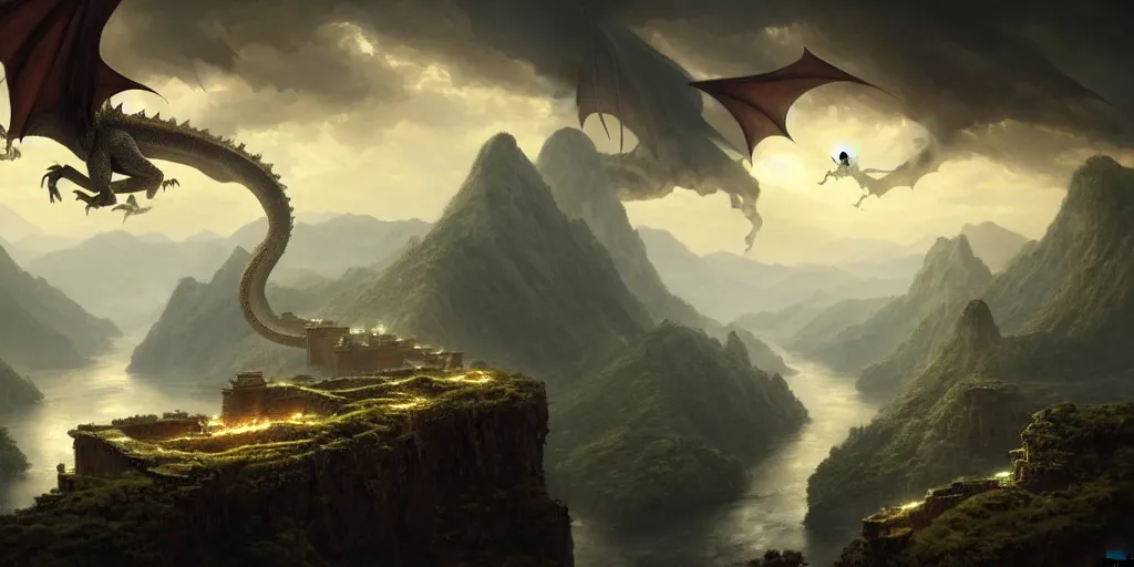 Image similar to a dragon hovers above a river with a lost city on a cliff in the distance, 4 k resolution, ultra detailed, matte oil painting, mysterious, wallpaper, art by greg rutkowski