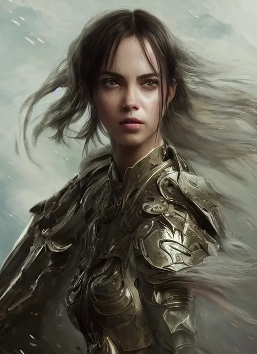 Image similar to a professional portrait of a beautiful young female, clothed in ethereal battle armor, olive skin, long dark hair, beautiful bone structure, symmetrical facial features, intricate, elegant, digital painting, concept art, smooth, sharp focus, finely detailed, illustration, from Valerian and the City of a Thousand Planets, in the style of Ruan Jia and Mandy Jurgens and Artgerm and Greg Rutkowski and William-Adolphe Bouguerea