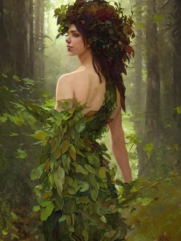 Prompt: portrait of a forest mage, female, dress made of green leaves, gorgeous, green hair, brown skin, curves, forest background, digital painting, artgerm and greg rutkowski and alphonse mucha
