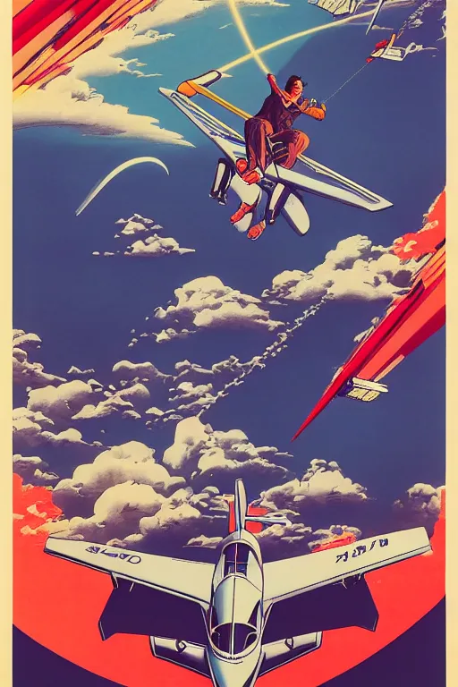 Prompt: a poster of a man riding a plane in the air, poster art by otomo katsuhiro, pixiv, retrofuturism, official art, reimagined by industrial light and magic, poster art