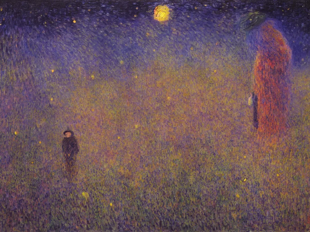 Prompt: man in white beekeeper suit at night with fireflies, giant tornado and devil. painting by mikalojus konstantinas ciurlionis, monet, bosch, wayne barlowe, agnes pelton, rene magritte