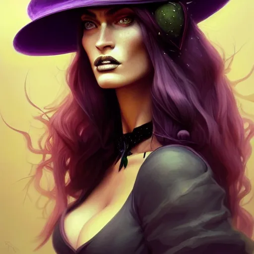 Image similar to an insanely detailed portrait of a beautiful witch that looks like megan fox with long dark purple hair, wearing black witch hat, beautiful expressive detailed eyes, in the style of peter mohrbacher, artgerm, dramatic lighting and composition, octane render, trending on artstation, concept art