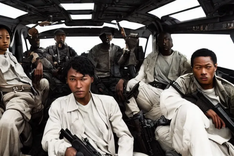 Prompt: movie diverse interracial team of Japanese robbers armed with rifles interior clean futuristic tactical van, beautiful skin, Symmetrical faces. natural lighting by Emmanuel Lubezki