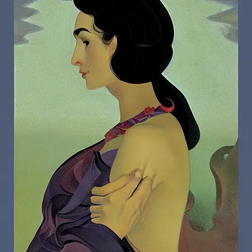 Prompt: an illustration of a fair skin with dark curly stylised hair queen wearing dress, by nicholas roerich, by frank frazetta by georgia o keeffe by frederick william elwell, by otomo, by hans emmenegger, by eyvind earle highly detailed, realistic, outline, line work concept art, jewels, oriental, stylised flat colors, animation