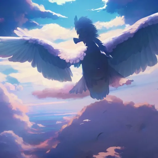 Image similar to magical bird, flying above the clouds, cgsociety masterpiece, artstation trending, by rossdraws, ghibli, kimi no na wa, greg rutkowski, simon stalberg, greg manchess