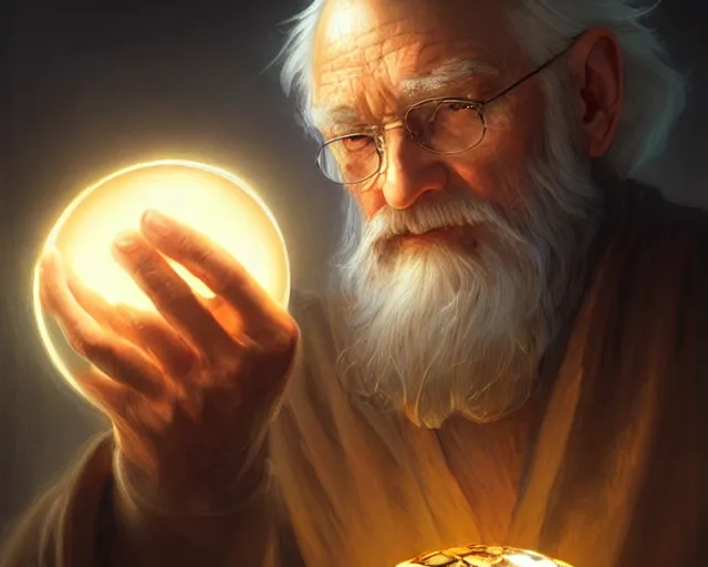 Image similar to old man holding a reflective orb, deep focus, d & d, fantasy, intricate, elegant, highly detailed, digital painting, artstation, concept art, matte, sharp focus, illustration, hearthstone, art by artgerm and greg rutkowski and alphonse mucha