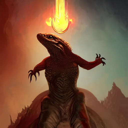 Image similar to Lizard, Anthropomorphized, casting epic spell, magic the gathering artwork, D&D, fantasy, cinematic lighting, centered, symmetrical, highly detailed, digital painting, artstation, concept art, smooth, sharp focus, illustration, volumetric lighting, epic Composition, 8k, art by Akihiko Yoshida and Greg Rutkowski and Craig Mullins, heroic pose, oil painting, cgsociety, magic lab background