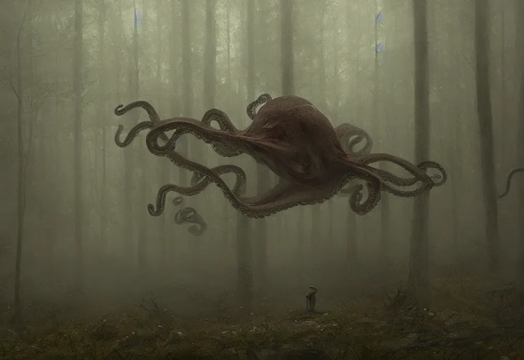 Prompt: an octopus in a dense forest, night, foggy, rain, gloomy, mysterious, artstation, jakub rozalski, high detail