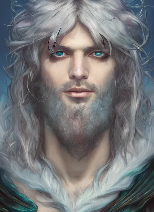 Image similar to Portrait of hexblade warlock aasimar, white glowing eyes, silver shaggy hair, short scruffy beard, cloak, teal ethereal tendril wings, male, fantasy, extremely detailed, digital painting, artstation, concept art, smooth, sharp focus, illustration, stunning lighting, art by artgerm and greg rutkowski and alphonse mucha and simon stalenhag, realistic character concept, high fantasy, light atmosphere, golden ratio, cinematic lighting, hyperdetailed, high resolution, insanely detailed and intricate, artstation, Marc Simonetti, Greg Rutkowski, 8k, 4k