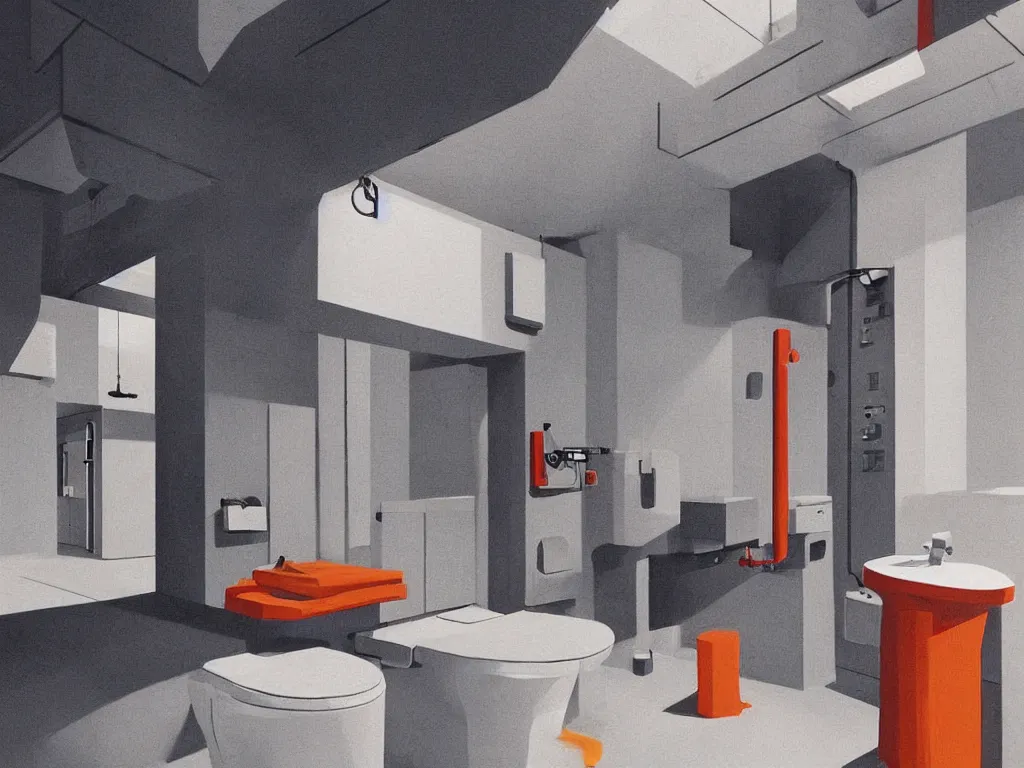 Image similar to colorful minimalist industrial interior toilet with monolithic stalls in the style of ridley scott and stanley kubrick, impossible stijl architecture, science fiction, cyberpunk, ultra wide angle view, cinematic lighting, realistic detailed painting by edward hopper