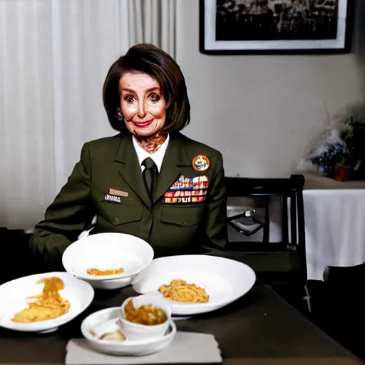 Prompt: a photograph of nancy pelosi wearing an army uniform while eating a large plate filled with scrambled eggs