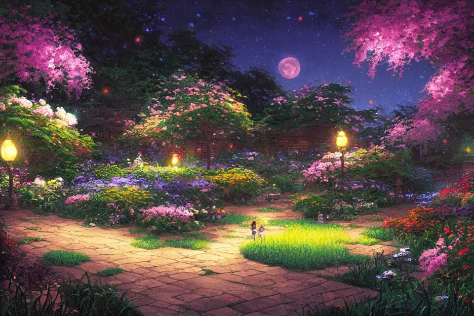 Prompt: A painting of a garden under moonlight with glowing fireflies and blooming flowers by makoto shinkai, thomas kinkade, james gilleard, very detailed, tone mapping, super wide angle