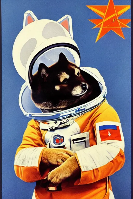 Prompt: Shiba Inu cosmonaut portrait wearing space helmet, moon mission, 60s poster, 1968 Soviet