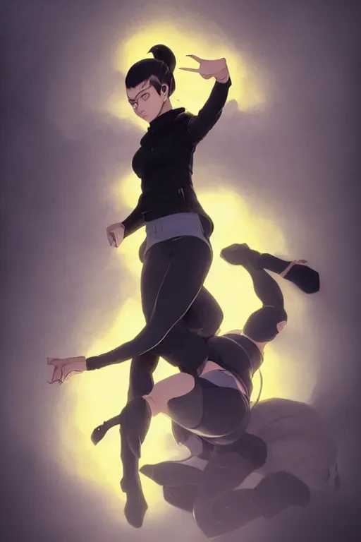 Prompt: black ponytail hair, pale woman in a black zipper jacket, yellow eyes, by artgerm, hair tied in a ponytail, white backdrop, soft lighting, fighting pose, by greg rutkowski makoto shinkai takashi takeuchi