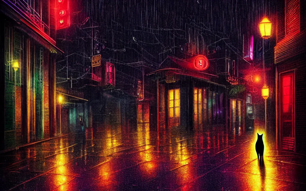 Image similar to black cat running through heavy rain in an emprty neon lit street at night by wlop, ultra detailed color art, high detail, digital art