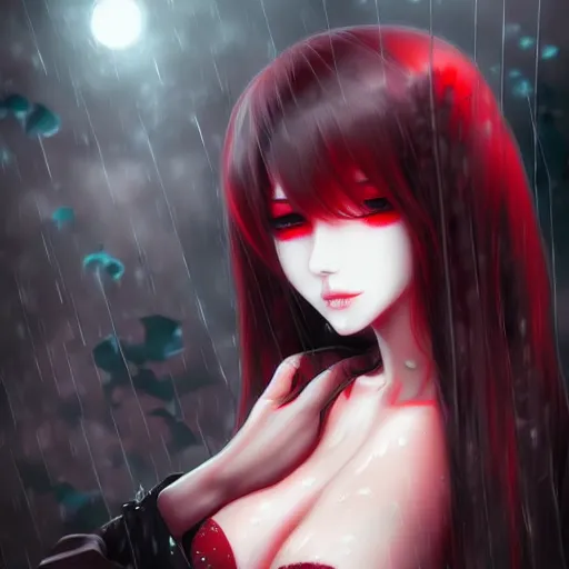 Image similar to beautiful seductive female ghost, in the rain, highly detailed, painting, dark red and black color palette, intricate, high quality 3 d anime artstyle, in the style of sana takeda