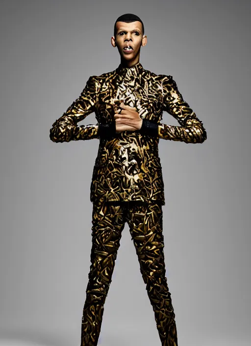 Prompt: a portrait of stromae by gilles berquet, serge lutens, wearing atsuko kudo latex outfit, photorealistic, intricate details, hyper realistic, ', photorealistic, canon r 3, photography, symmetrical features, symmetrical pose, wide angle shot, head to toe, standing pose, feet on the ground,