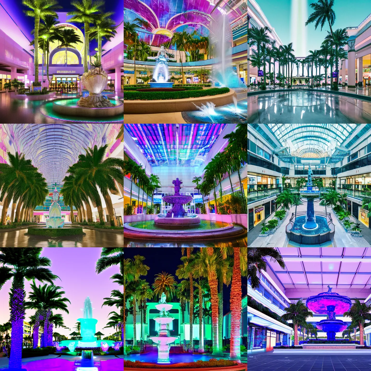 Prompt: vaporwave mall with palm trees and a fountain and tall glass ceilings at night