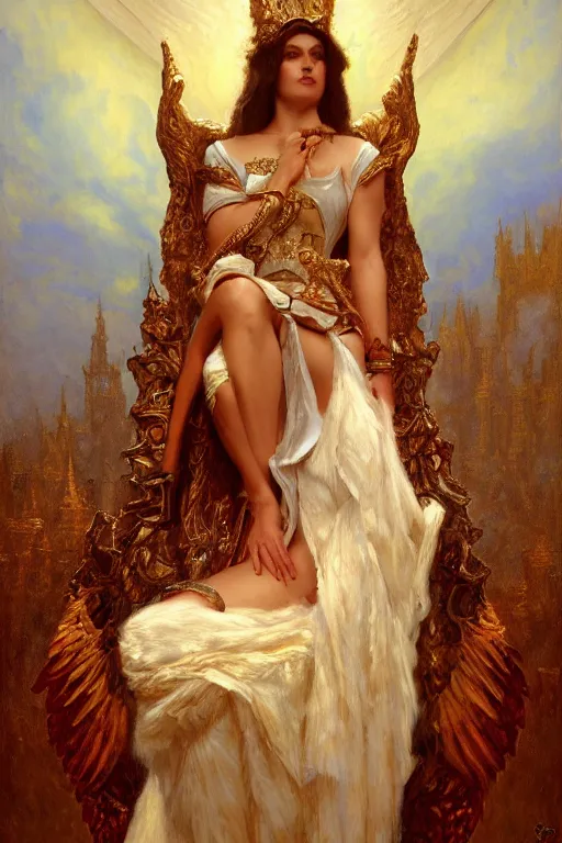 Image similar to full body portrait of seraphim queen sitting on her bone throne, highly detailed painting by gaston bussiere, craig mullins, j. c. leyendecker, 8 k, mid shot