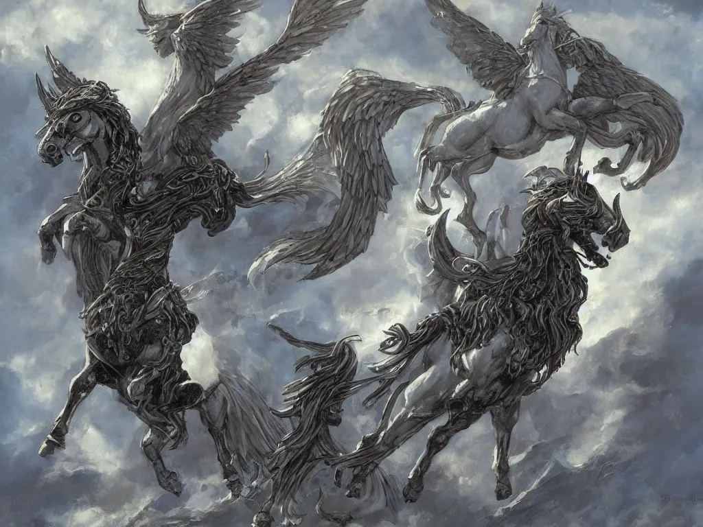Image similar to valkyrie on pegasus, epic scene, style of brom, highly detailed