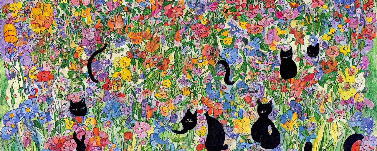 Image similar to cat playing in a garden of flowers, a mix media painting by laurel burch and Leonardo da Vinci and Natalia Goncharova, cluttered , child's drawing, art by Studio Ghibli, anime, thick black lineart