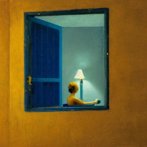 Prompt: close up of a woman in a blue and gold haunted liminal abandoned room, hyperrealistic film still by edward hopper, by gottfried helnwein, by klimt, art noveau, highly detailed, strong lights, liminal, eerie, bright pastel colors,